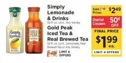 ShopRite Simply Lemonade & Drinks, Gold Peak Iced Tea & Real Brewed Tea offer