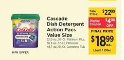 ShopRite Cascade Dish Detergent Action Pacs Value Size offer
