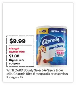 CVS Bounty Select-A-Size 2 triple rolls, Charmin Ultra 6 mega rolls or essentials 9 mega rolls offer