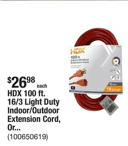 The Home Depot HDX 100 ft. 16/3 Light Duty Indoor/Outdoor Extension Cord, Orange offer
