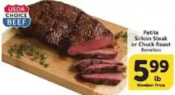 Vons Usda choice beef petite sirloin steak or chuck roast boneless offer