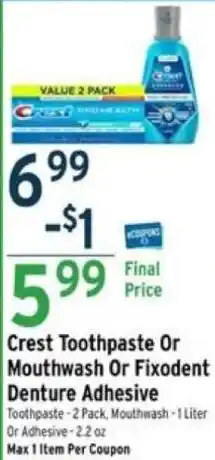 Brookshire's Crest Toothpaste Or Mouthwash Or Fixodent Denture Adhesive offer