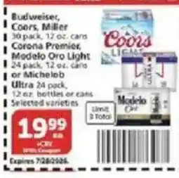 Vons Budweiser, Coors, Miller, Corena Premier, Modelo Oro Light or Michelob Ultra 24 pack offer