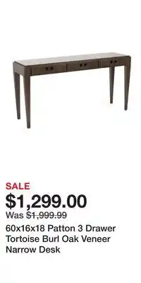TJ Maxx 60x16x18 Patton 3 Drawer Tortoise Burl Oak Veneer Narrow Desk offer