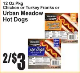 SuperFresh 12 Oz Pkg Chicken or Turkey Franks or Urban Meadow Hot Dogs offer