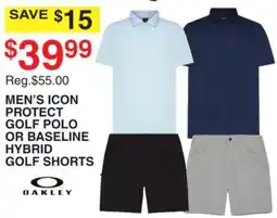 Dunham's Sports OAKLEY MEN'S ICON PROTECT GOLF POLO OR BASELINE HYBRID GOLF SHORTS offer