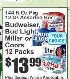 Key Food Budweiser, Bud Light, Miller or Coors offer