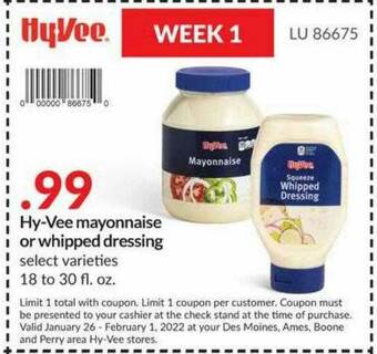 Hy-Vee Hy-Vee Mayonnaise Or Whipped Dressing offer