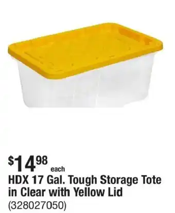 Hdx 17 gal. tough storage tote in clear with yellow lid