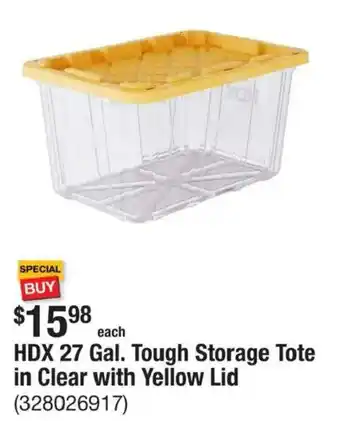 The Home Depot Hdx 27 Gal. Tough Storage Tote in Clear with Yellow Lid offer