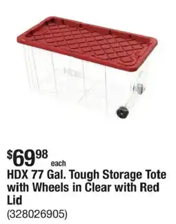 The Home Depot Hdx 77 Gal. Tough Storage Tote with Wheels in Clear with Red Lid offer