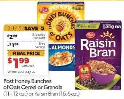 Family Fare Post Honey Bunches of Oats Cereal or Granola or Ra'sin Bran offer