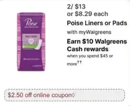 Walgreens Poise Liners or Pads offer