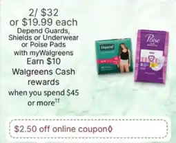 Walgreens Depend Guards, Shields or Underwear or Poise Pads offer