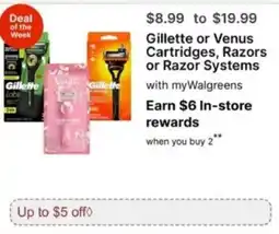Walgreens Gillette or Venus Cartridges, Razors or Razor Systems offer