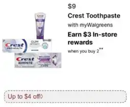 Walgreens Crest Toothpaste offer