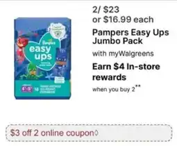Walgreens Pampers Easy Ups Jumbo Pack offer
