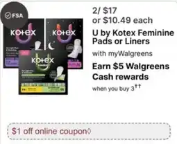 Walgreens U by Kotex Feminine Pads or Liners offer