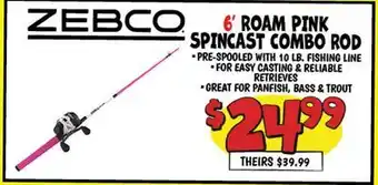 Ollie's ZEBCO 6' ROAM PINK SPINCAST COMBO ROD offer