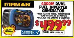 Ollie's FIRMAN 4000W DUAL FUEL INVERTER GENERATOR offer