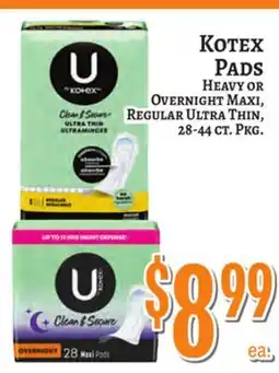 Trade Fair Supermarket Kotex PADS Heavy or Overnight Maxi, REGULAR Ultra Thin, 28-44 ct. Pkg offer