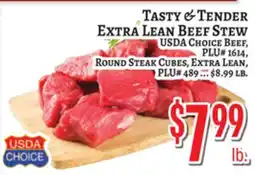 Trade Fair Supermarket USDA CHOICE BEEF, PLU# 1614, ROUND STEAK CUBES, EXTRA LEAN, PLU# 489 offer