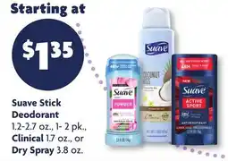 Family Dollar Suave Stick Deodorant 1.2-2.7 oz., 1-2 pk., Clinical 1.7 oz., or Dry Spray 3.8 oz offer
