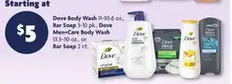 Family Dollar Dove Body Wash 11-30.6 oz., Bar Soap 3-10 pk., Dove Men+Care Body Wash 13.5-30 oz. or Bar Soap 2 ct offer