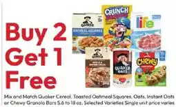Stater Bros Quaker Cereal, Toasted Oatmeal Squares, Oats, Instant Oats or Chewy Granola Bars offer