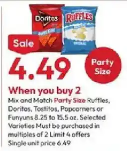 Stater Bros Mix and Match Party Size Ruffles, Doritos, Tostitos, Popcorners or Fynuns offer