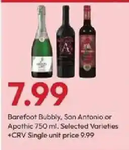 Stater Bros Barefoot Bubbly, San Antonio or Apothic offer