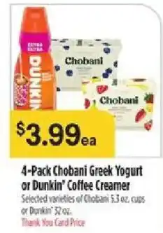 Bashas' 4-Pack Chobani Greek Yogurt or Dunkin' Coffee Creamer offer