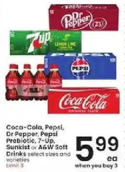 Albertsons Coca-Cola, Pepsi, Dr Pepper, Pepsi Prebiotic, 7-Up, Sunkist or A&W Soft Drinks select sizes and varieties offer