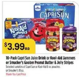 Bashas' Capri Sun Juice Drink or Kool-Aid Jammers or Smucker's Goobers Peanut Butter & Jelly Stripes offer