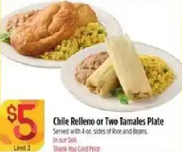 Bashas' Chile Relleno or Two Tamales Plate offer
