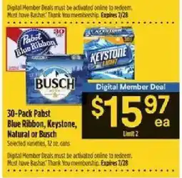Bashas' 30-Pack Pabst Blue Ribbon, Keystone, Natural or Busch offer