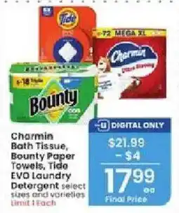 Albertsons Charmin Bath Tissue, Bounty Paper Towels, Tide EVO Laundry Detergent select sizes and varieties offer