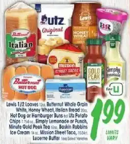 Jewel-Osco Butternut Hot Dog, Butternut Whole Grain White, Honey Wheat, Italian Bread, Hot Dog or Hamburger Buns, Utz Potato Chips, Simp offer