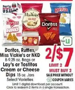 Jewel-Osco Doritos, Ruffles, Miss Vickie's or NKD Cream or Cheese Dips offer