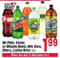 Jewel-Osco Mr Pibb, Fanta or Minute Maid, Mtn Dew, Starry, Lipton Brisk 2 lt offer
