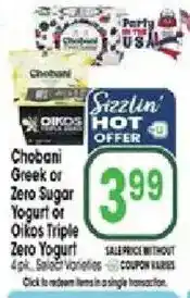 Jewel-Osco Chobani Greek or Zero Sugar Yogurt or Oikos Triple Zero Yogurt offer