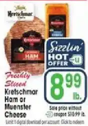 Jewel-Osco Sizzlin' hot offer freshly sliced kretschmar ham or munster cheese offer