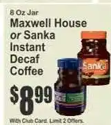 Key Food Maxwell House or Sanka Instant Decaf Coffee offer