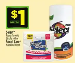 Dollar General Select Paper Towels Single roll or Smart Care Napkins 140 ct offer