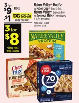 Dollar General Nature Valley , Mott's or Fiber One Bars, Nature Valley Granola Bars or General Mills Cereal Bars offer