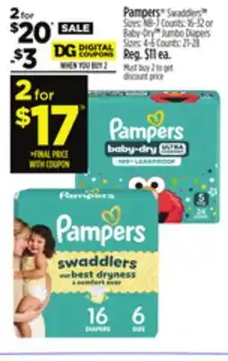 Dollar General Pampers Swaddlers Sizes: NB-7 Counts: 16-32 or Baby-Dry Jumbo Diapers Sizes: 4-6 Counts: 21-28 offer