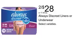 Walgreens Always Discreet Liners or Underwear offer