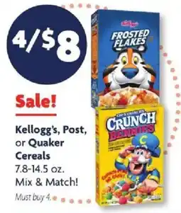 Family Dollar Kellogg's, Post, or Quaker Cereals offer