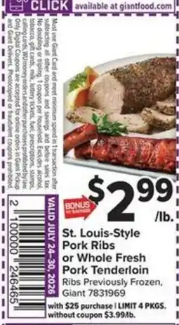 Giant Food St. Louis-Style Pork Ribs or Whole Fresh Pork Tenderloin offer