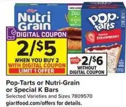 Giant Food Pop-Tarts or Nutri-Grain or Special K Bars offer